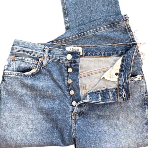 AGOLDE Riley Crop High Rise Straight Leg Medium Blue Fray Hem Denim Jean Size 28 - Picture 7 of 12